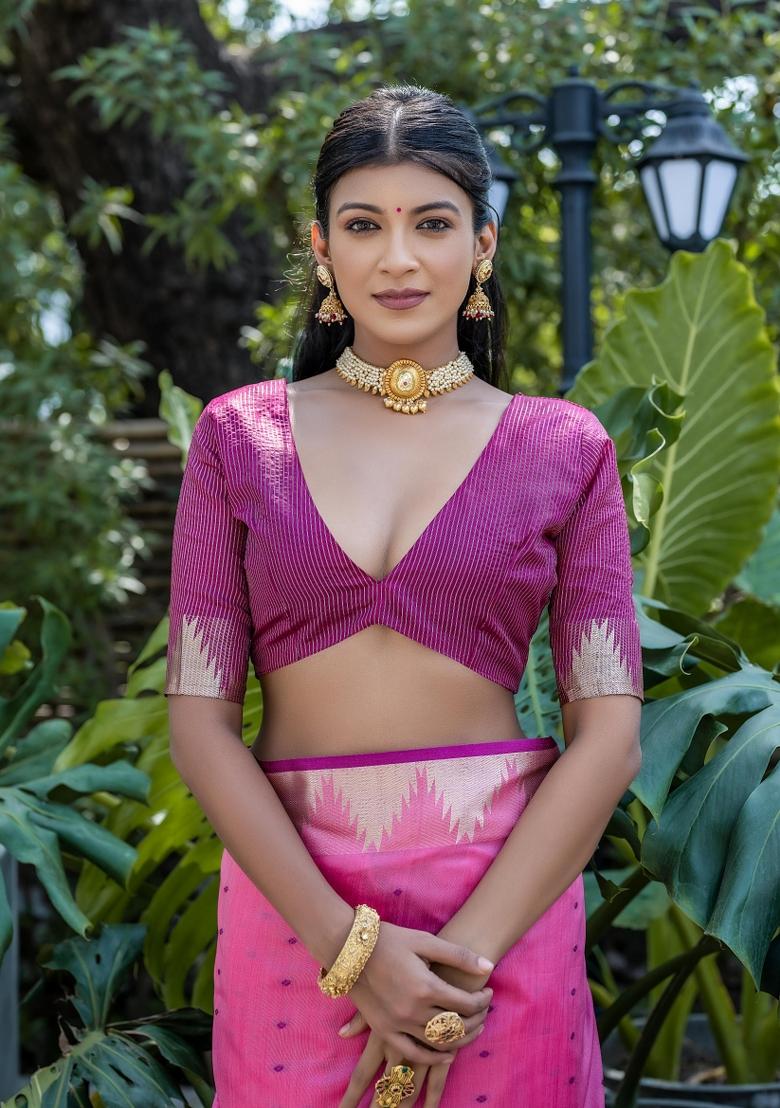 Pink Purple Zari Work Silk Saree Set - Indya