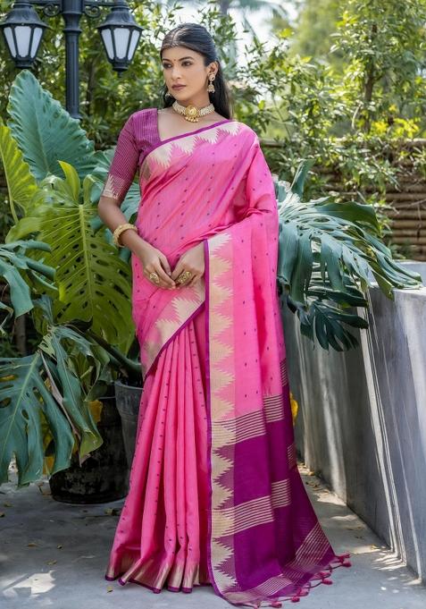 Pink Purple Zari Work Silk Saree Set