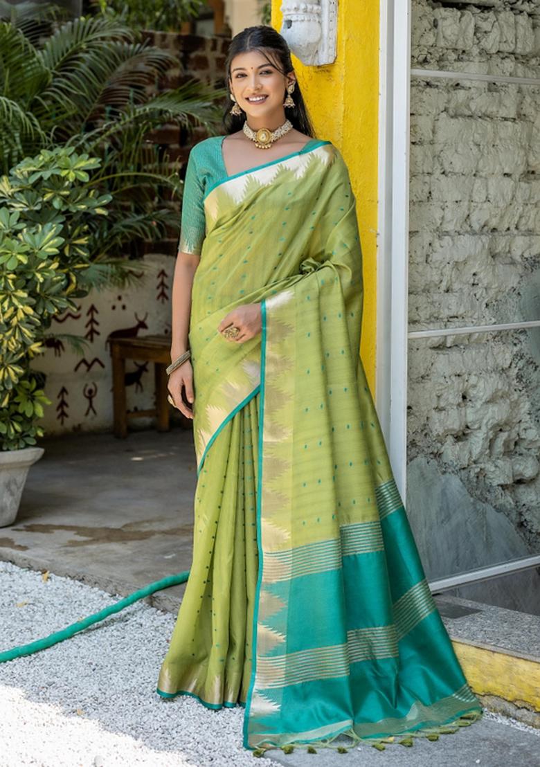 Pista Blue Zari Work Silk Saree Set - Indya