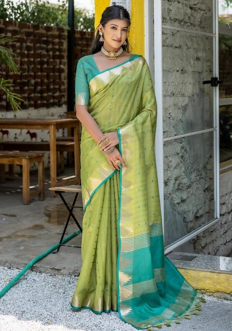 Pista Blue Zari Work Silk Saree Set