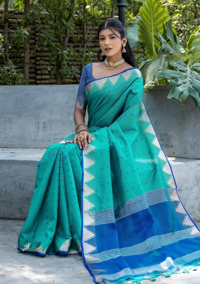 Rama Blue Zari Work Silk Saree Set - Indya