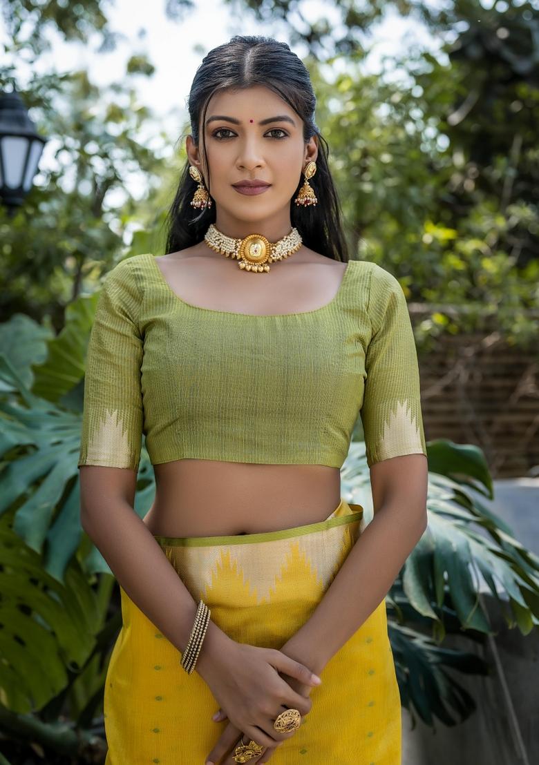 Yellow And Light Green Zari Work Silk Saree Set - Indya