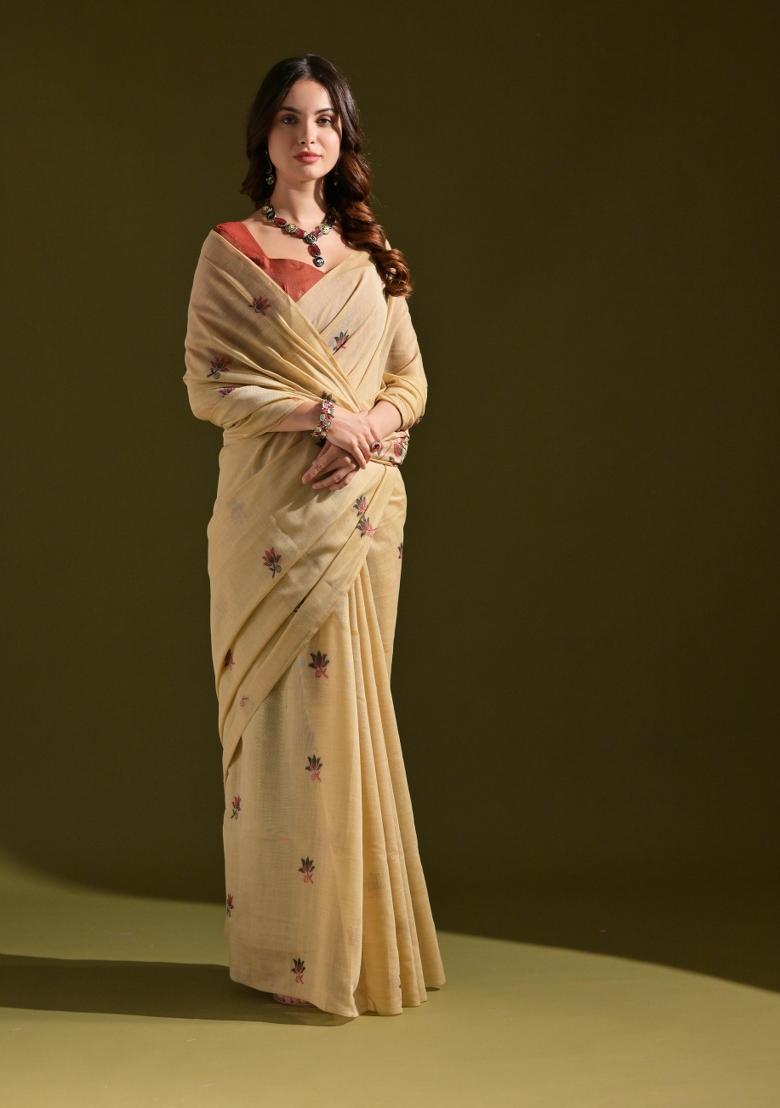 Cream And Red Weaving Work Cotton Saree Set - Indya