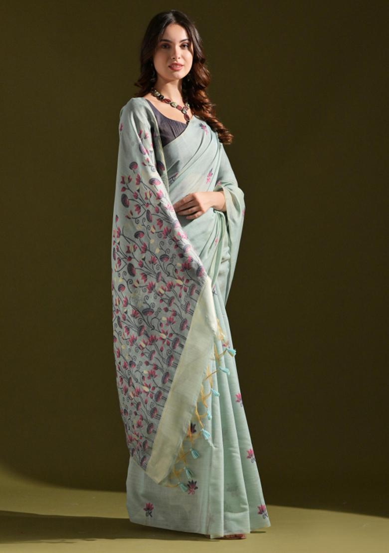 Sky Blue And Black Weaving Work Cotton Saree Set - Indya