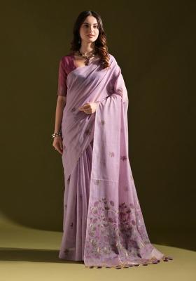 Lavender Purple Weaving Work Cotton Saree Set