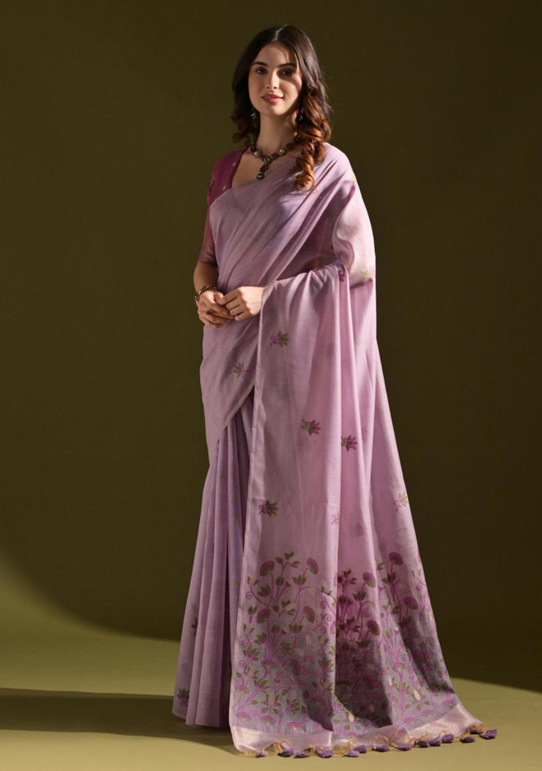 Lavender Purple Weaving Work Cotton Saree Set - Indya