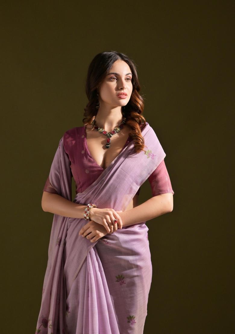 Lavender Purple Weaving Work Cotton Saree Set - Indya