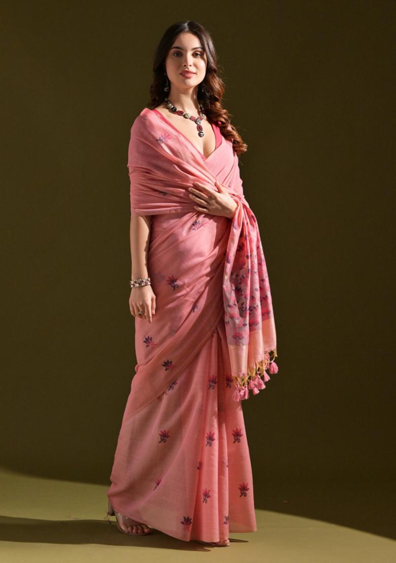 Light Pink Weaving Work Cotton Saree Set - Indya