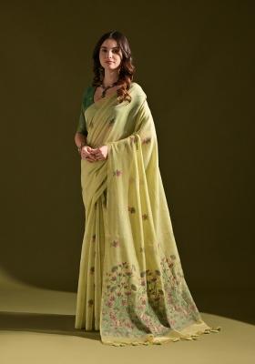 Pista Green Weaving Work Cotton Saree Set