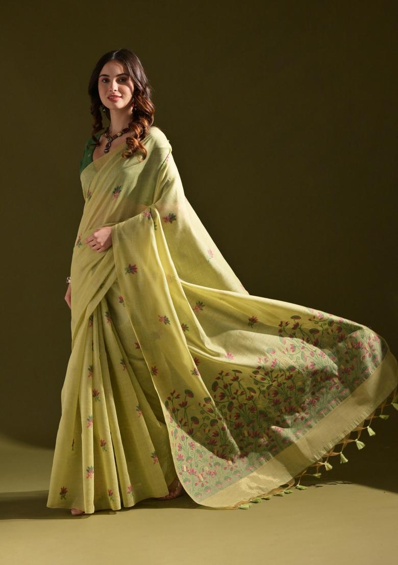 Pista Green Weaving Work Cotton Saree Set - Indya