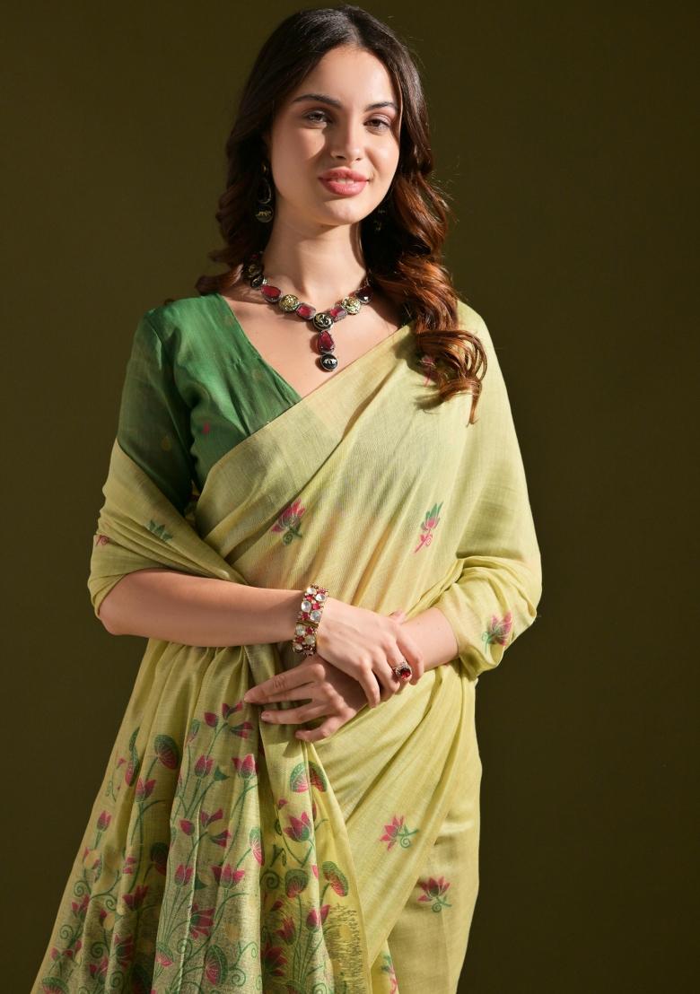 Pista Green Weaving Work Cotton Saree Set - Indya