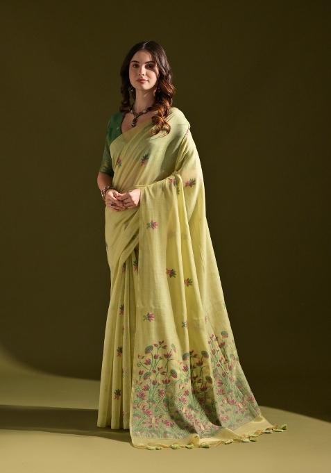 Pista Green Weaving Work Cotton Saree Set