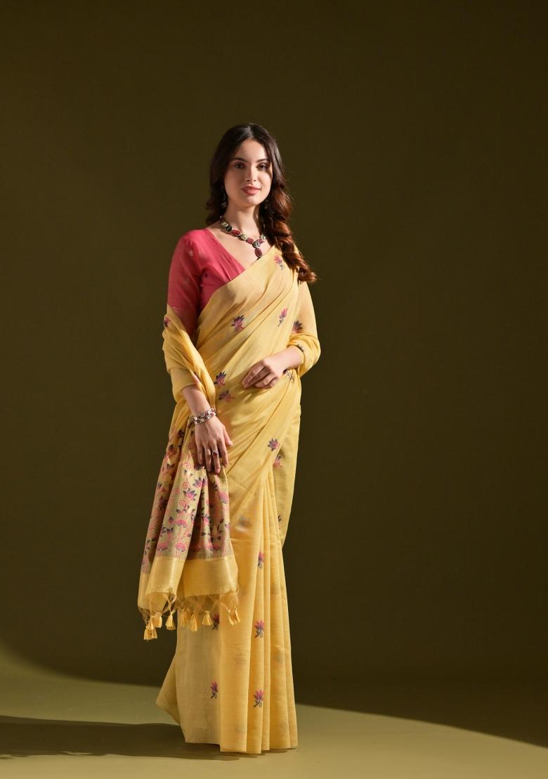 Yellow And Pink Weaving Work Cotton Saree Set - Indya