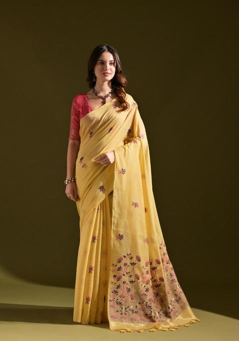 Yellow And Pink Weaving Work Cotton Saree Set