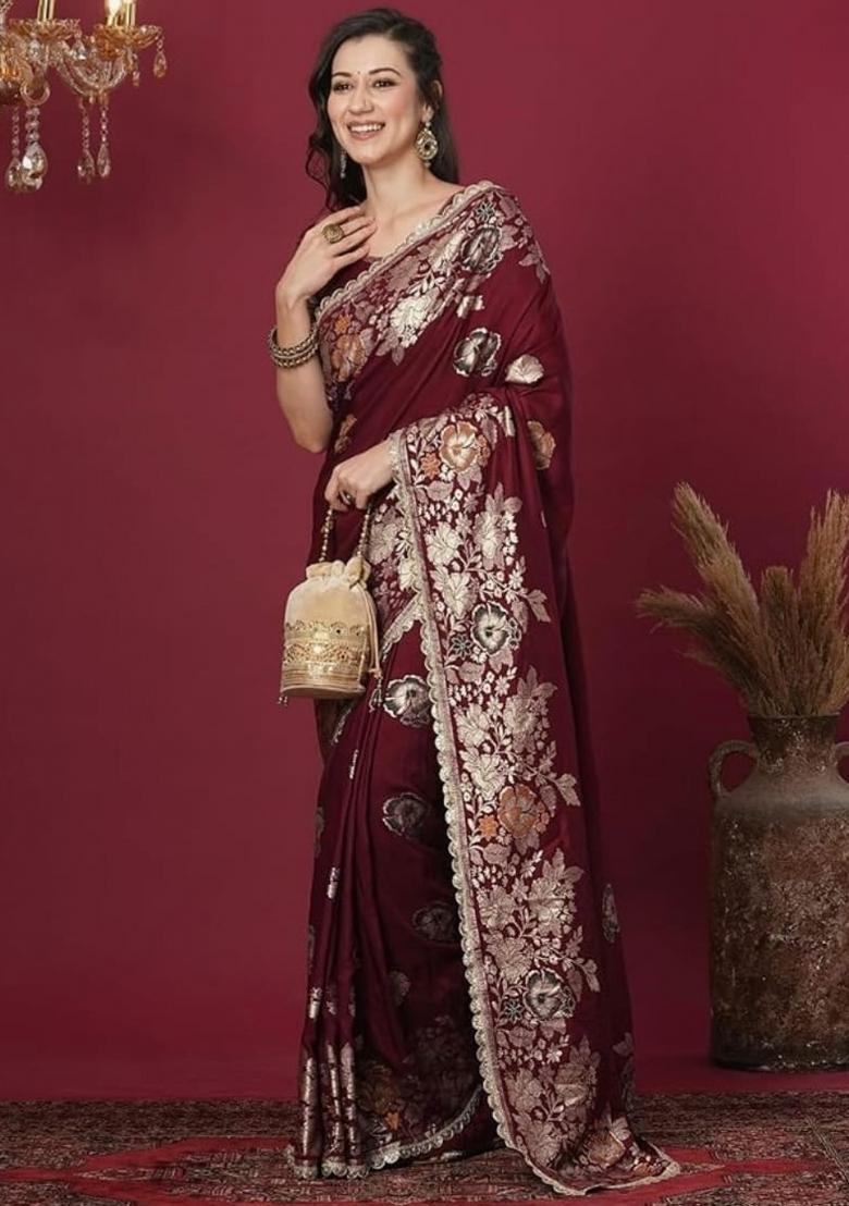 Maroon Jacquard Work Silk Saree Set - Indya