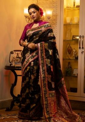 Black And Pink Weaving Work Silk Saree Set