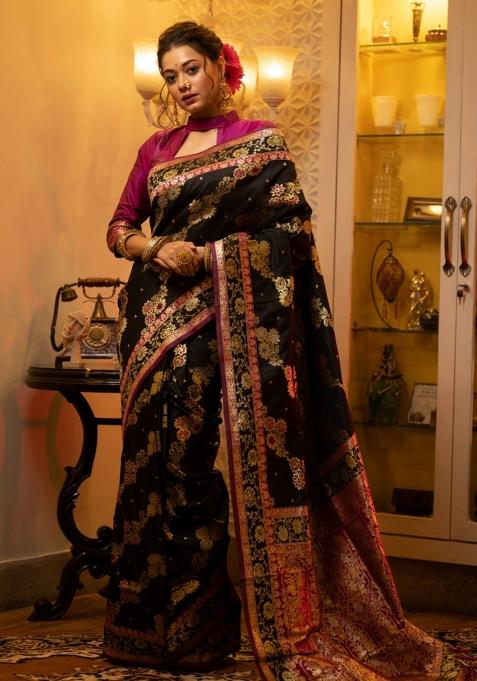 Black And Pink Weaving Work Silk Saree Set