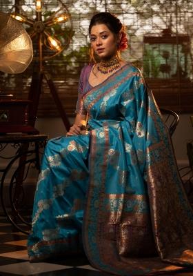 Blue And Purple Weaving Work Silk Saree Set