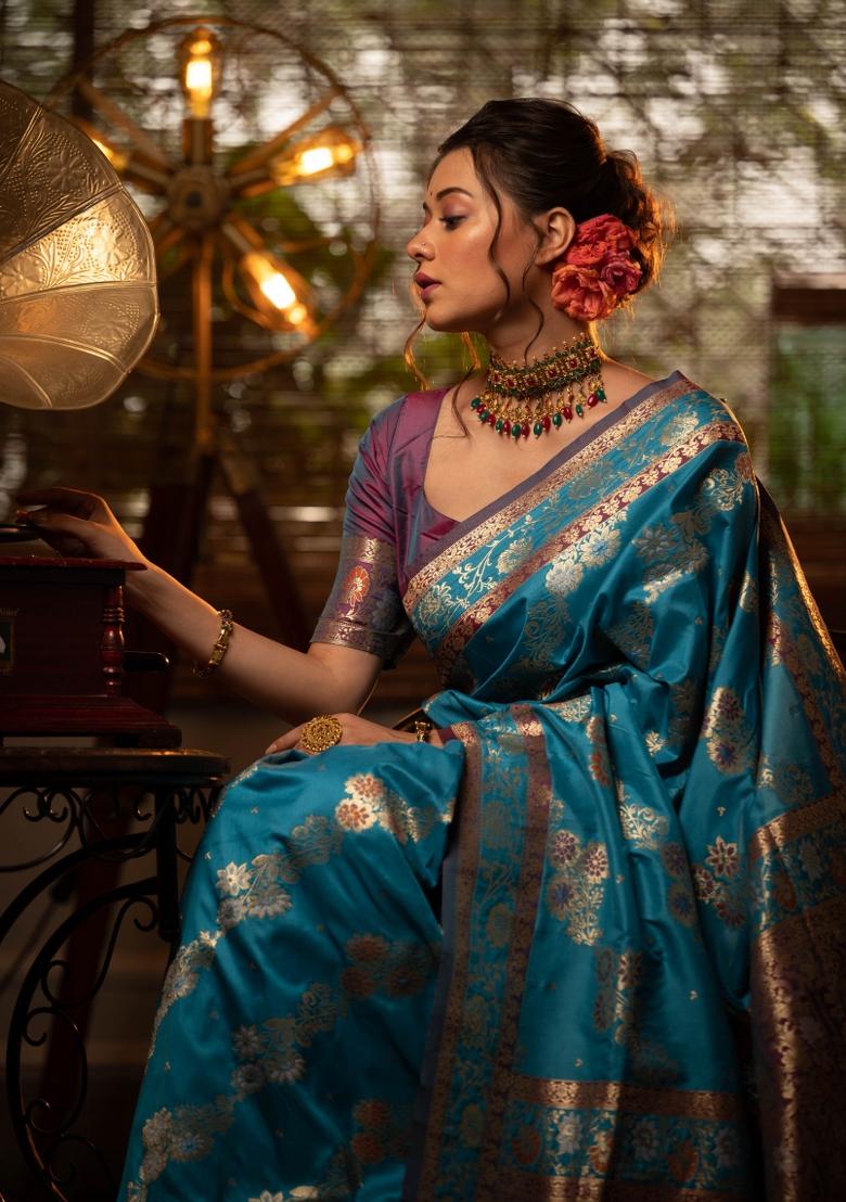 Blue And Purple Weaving Work Silk Saree Set - Indya