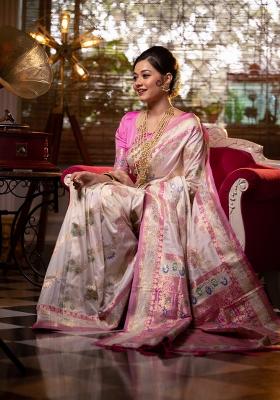Cream And Light Pink Weaving Work Silk Saree Set
