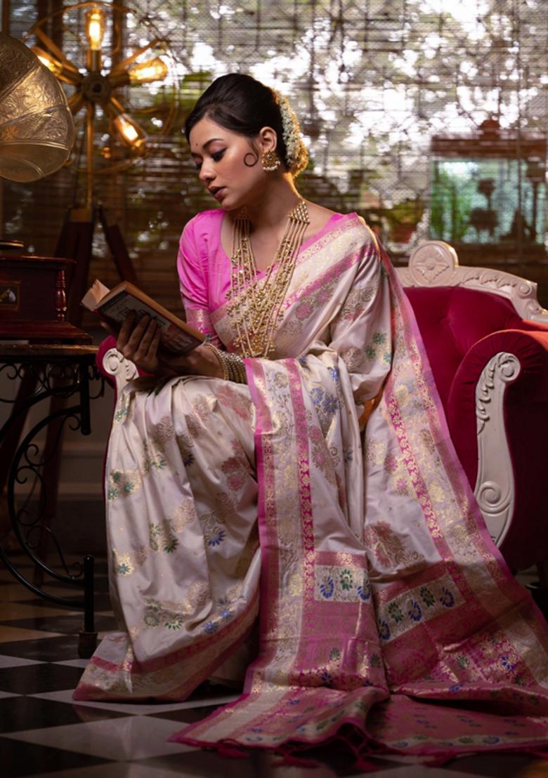 Cream And Light Pink Weaving Work Silk Saree Set - Indya