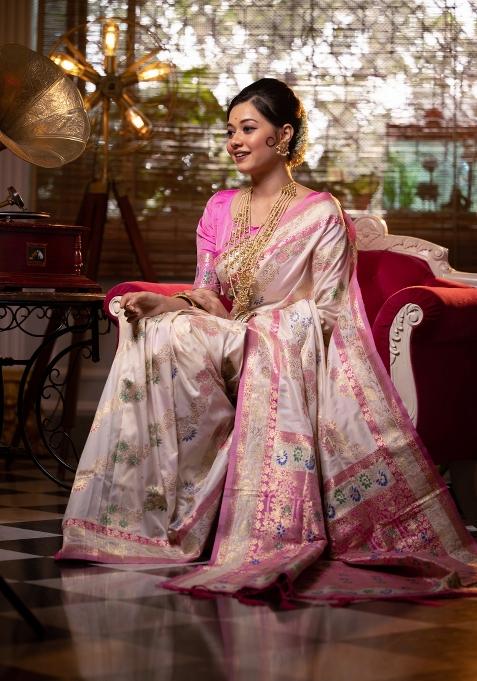 Cream And Light Pink Weaving Work Silk Saree Set