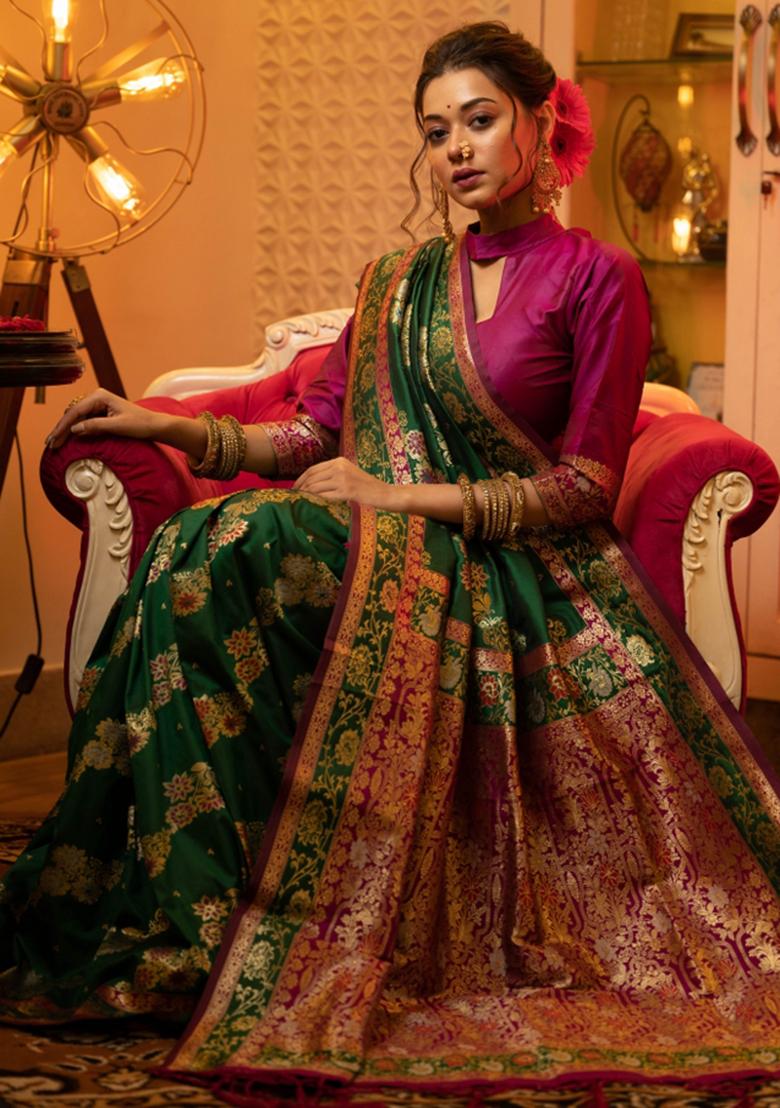 Green Pink Weaving Work Silk Saree Set - Indya