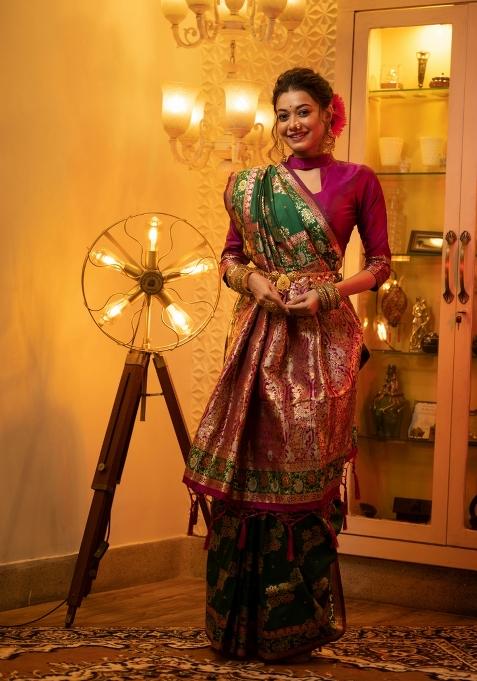 Green Pink Weaving Work Silk Saree Set