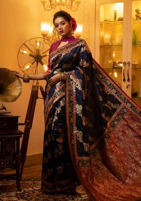 Navy Blue And Pink Weaving Work Silk Saree Set