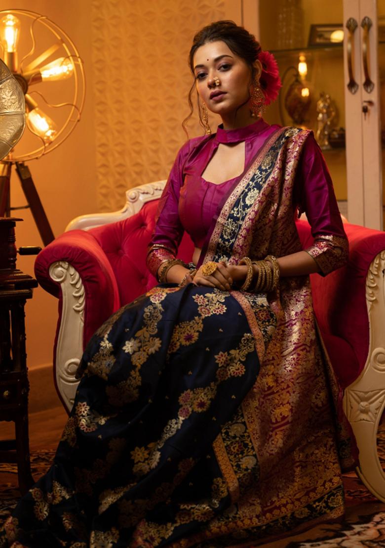 Navy Blue And Pink Weaving Work Silk Saree Set - Indya