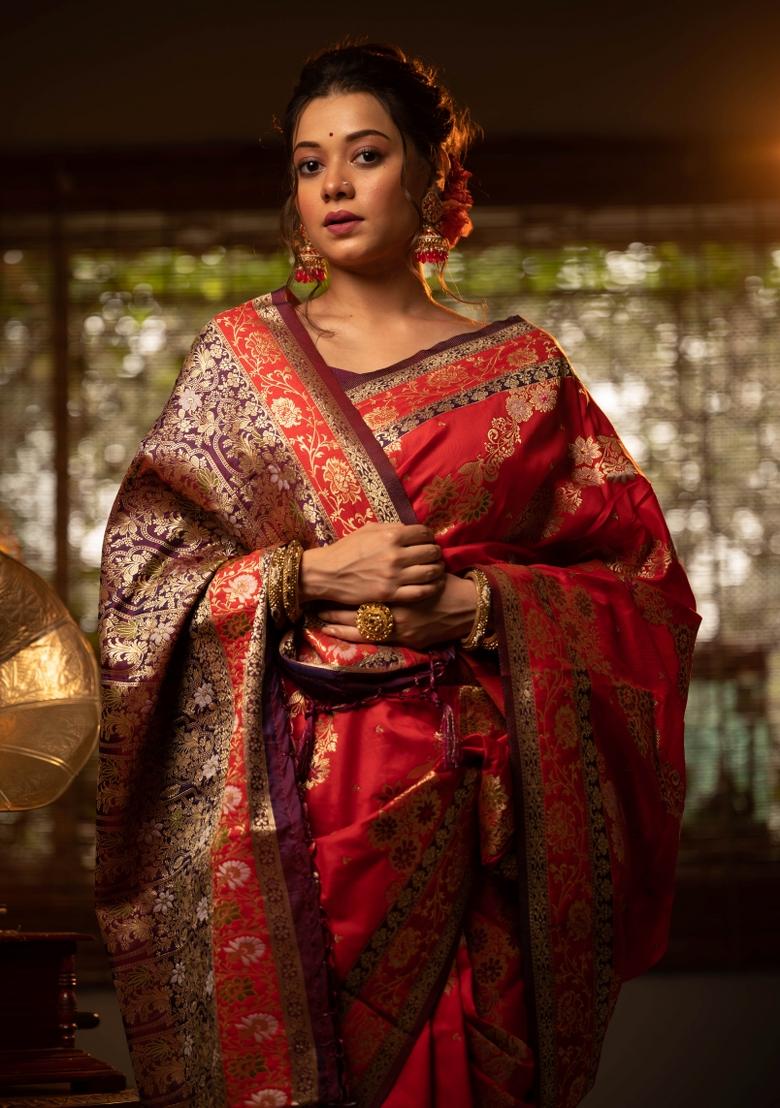 Red And Wine Weaving Work Silk Saree Set - Indya