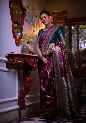 Wine Teal Weaving Work Silk Saree Set