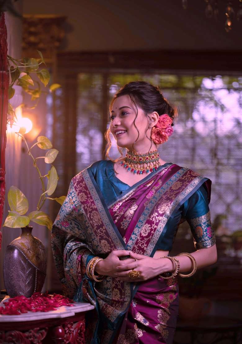 Wine Teal Weaving Work Silk Saree Set - Indya