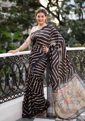 Black And Beige Printed Silk Saree Set