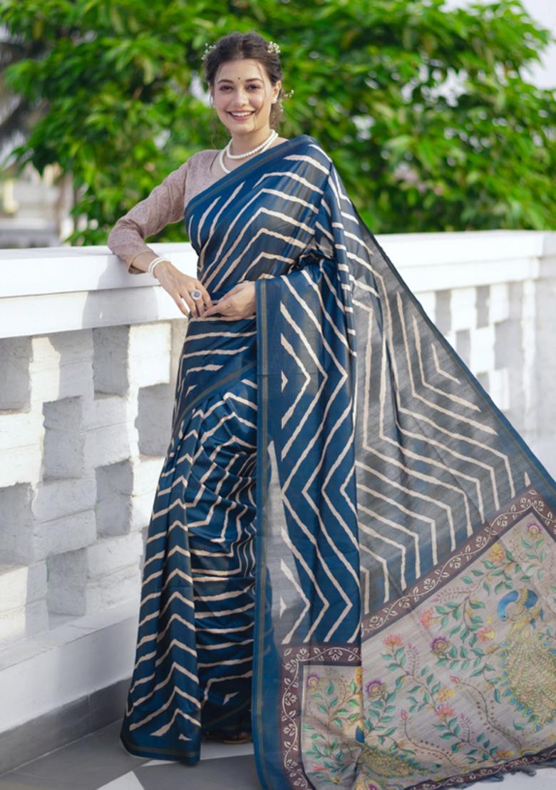 Blue And Beige Printed Silk Saree Set - Indya
