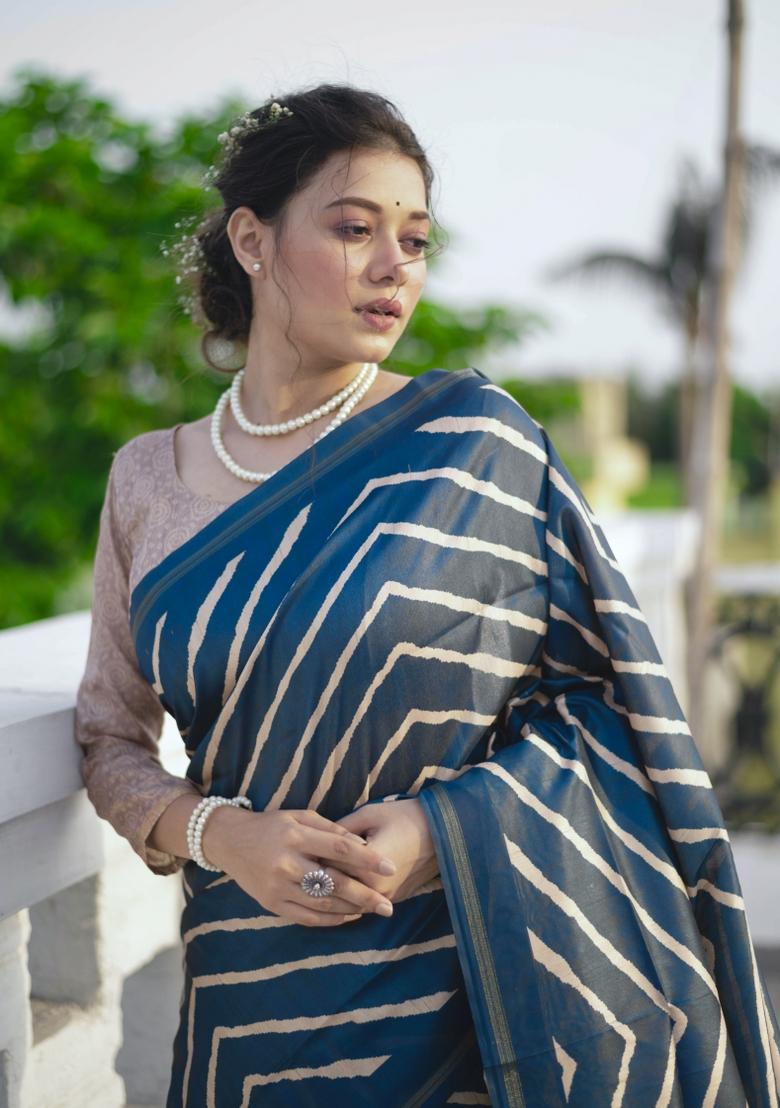 Blue And Beige Printed Silk Saree Set - Indya