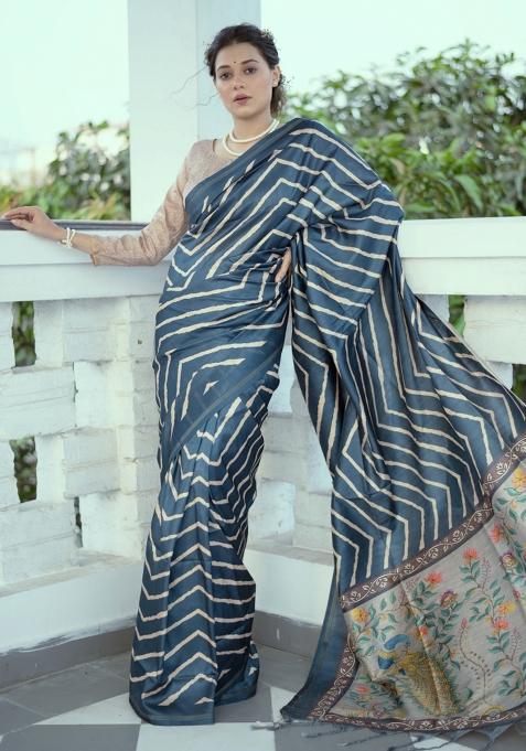 Blue And Beige Printed Silk Saree Set