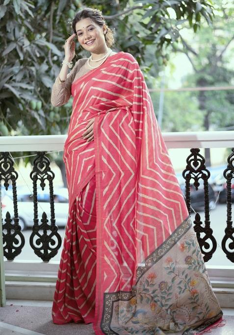 Gajari Beige Printed Silk Saree Set