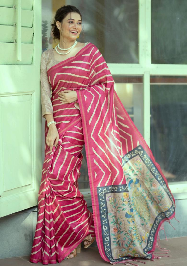 Pink Beige Printed Silk Saree Set - Indya
