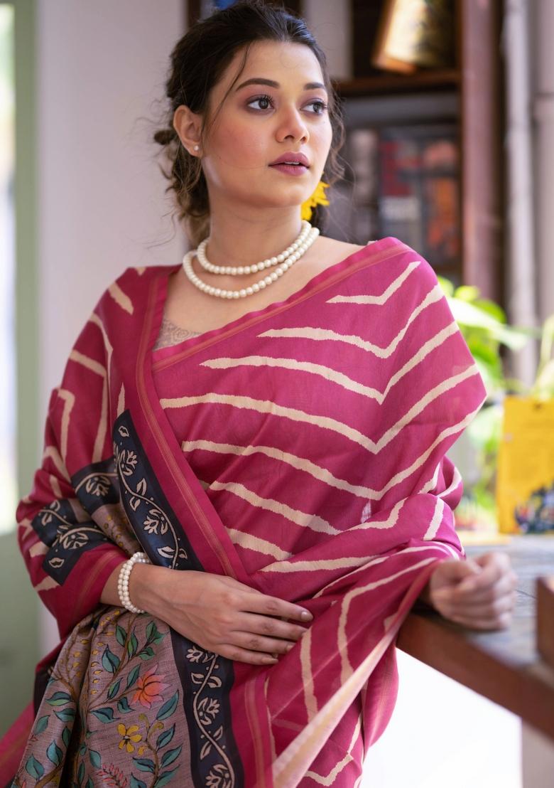 Pink Beige Printed Silk Saree Set - Indya