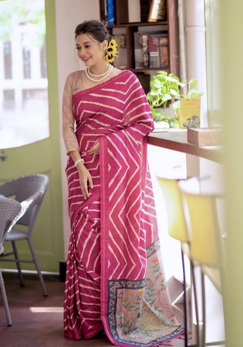 Pink Beige Printed Silk Saree Set