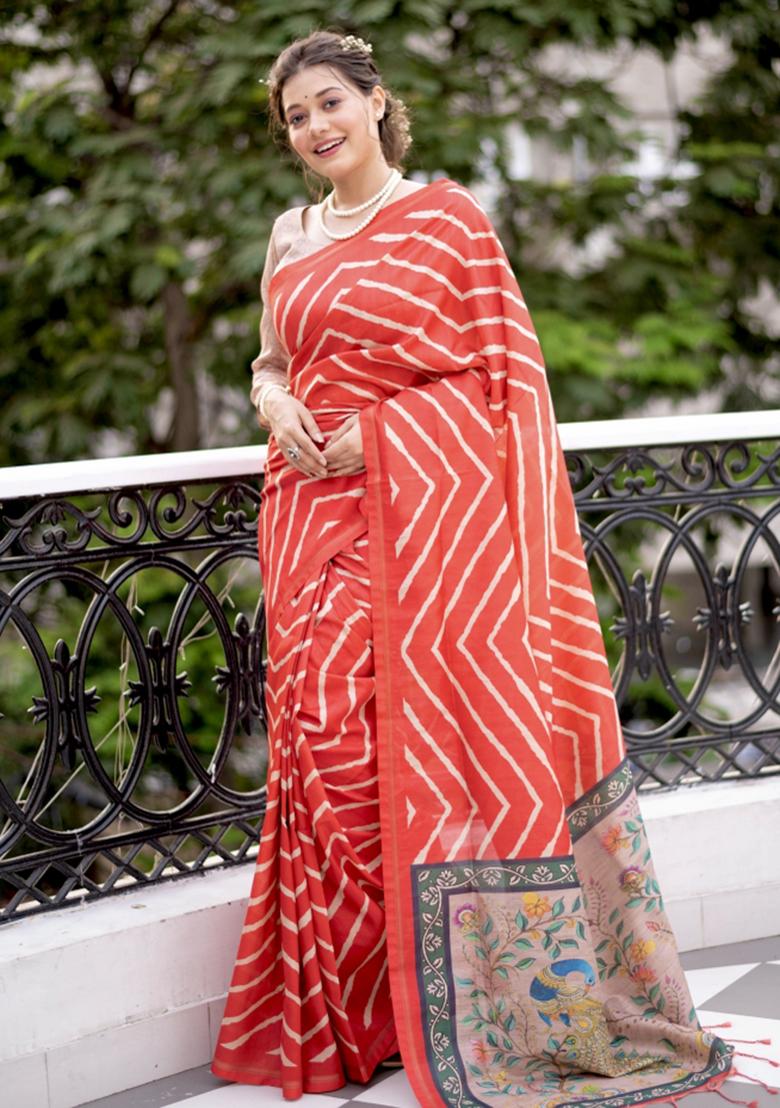Red And Beige Printed Silk Saree Set - Indya