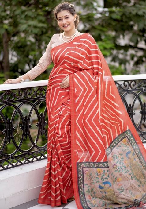 Red And Beige Printed Silk Saree Set