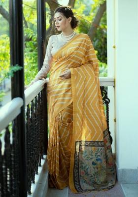 Yellow And Beige Printed Silk Saree Set
