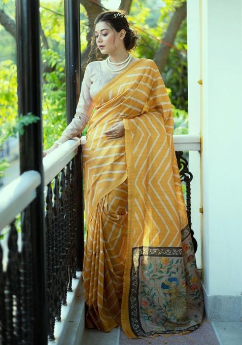 Yellow And Beige Printed Silk Saree Set