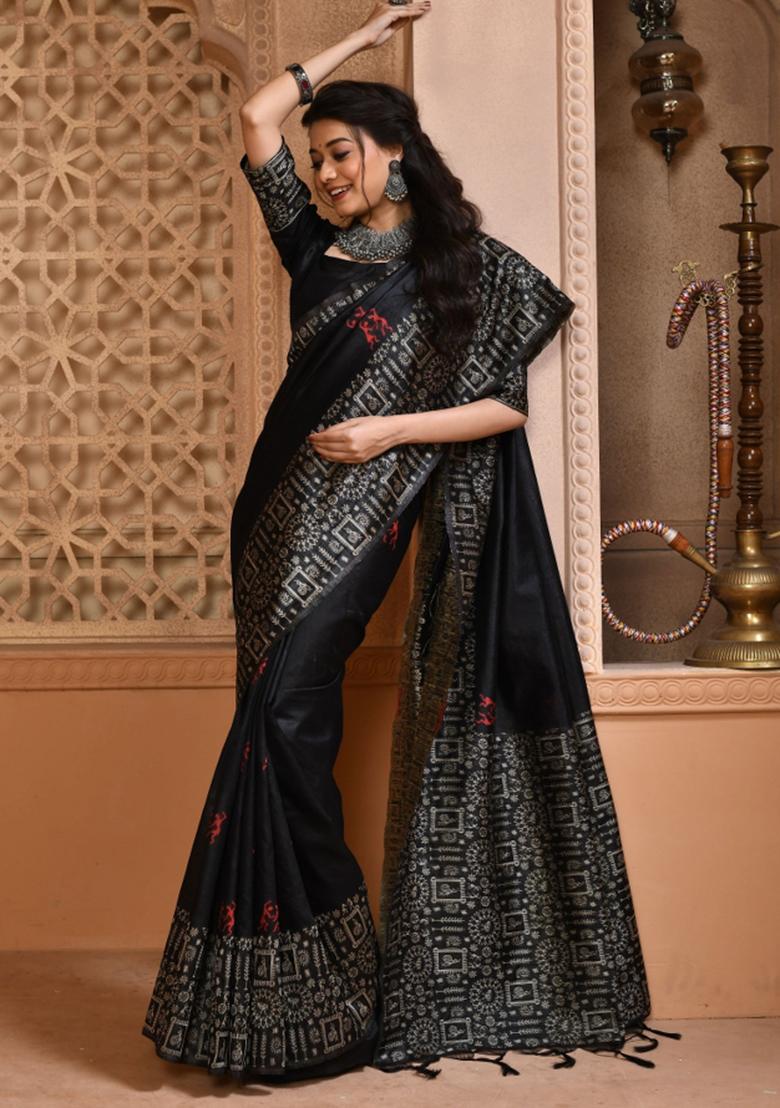 Black Weaving Work Silk Saree Set - Indya