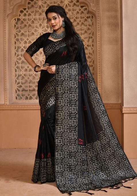 Black Weaving Work Silk Saree Set