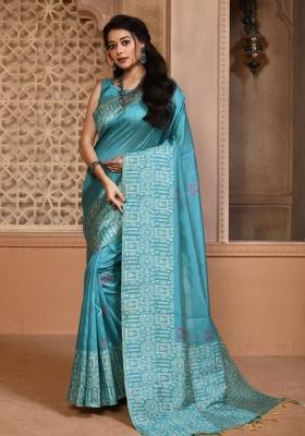 Blue Weaving Work Silk Saree Set