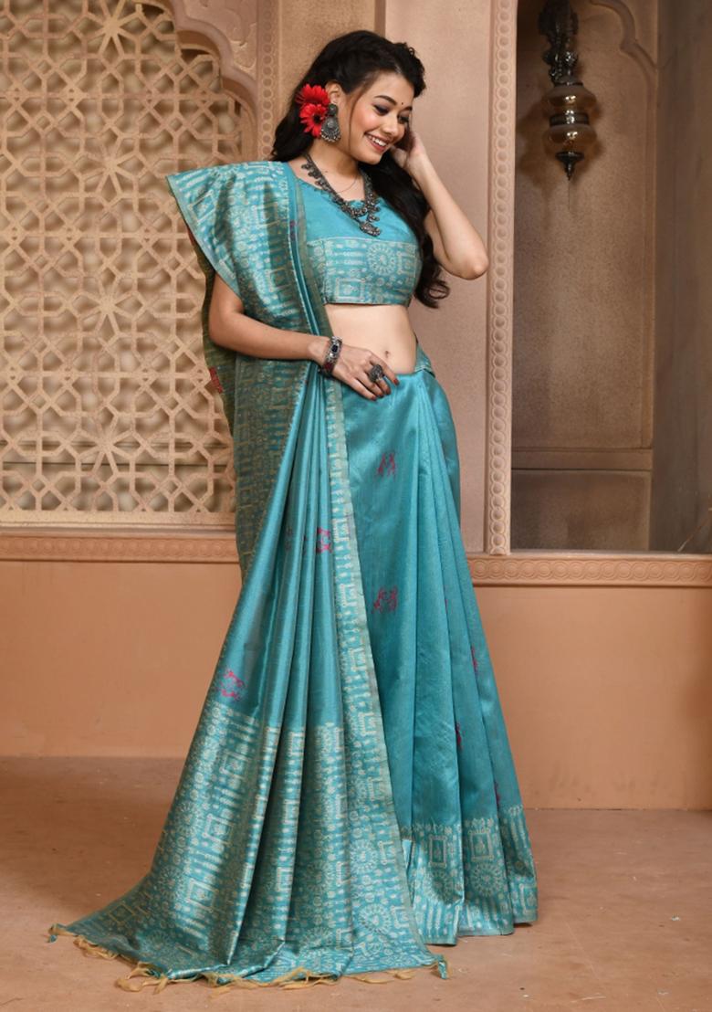 Blue Weaving Work Silk Saree Set - Indya