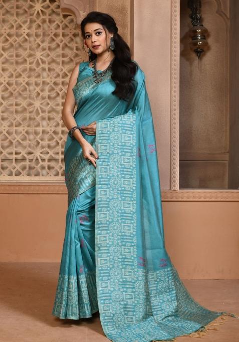 Blue Weaving Work Silk Saree Set